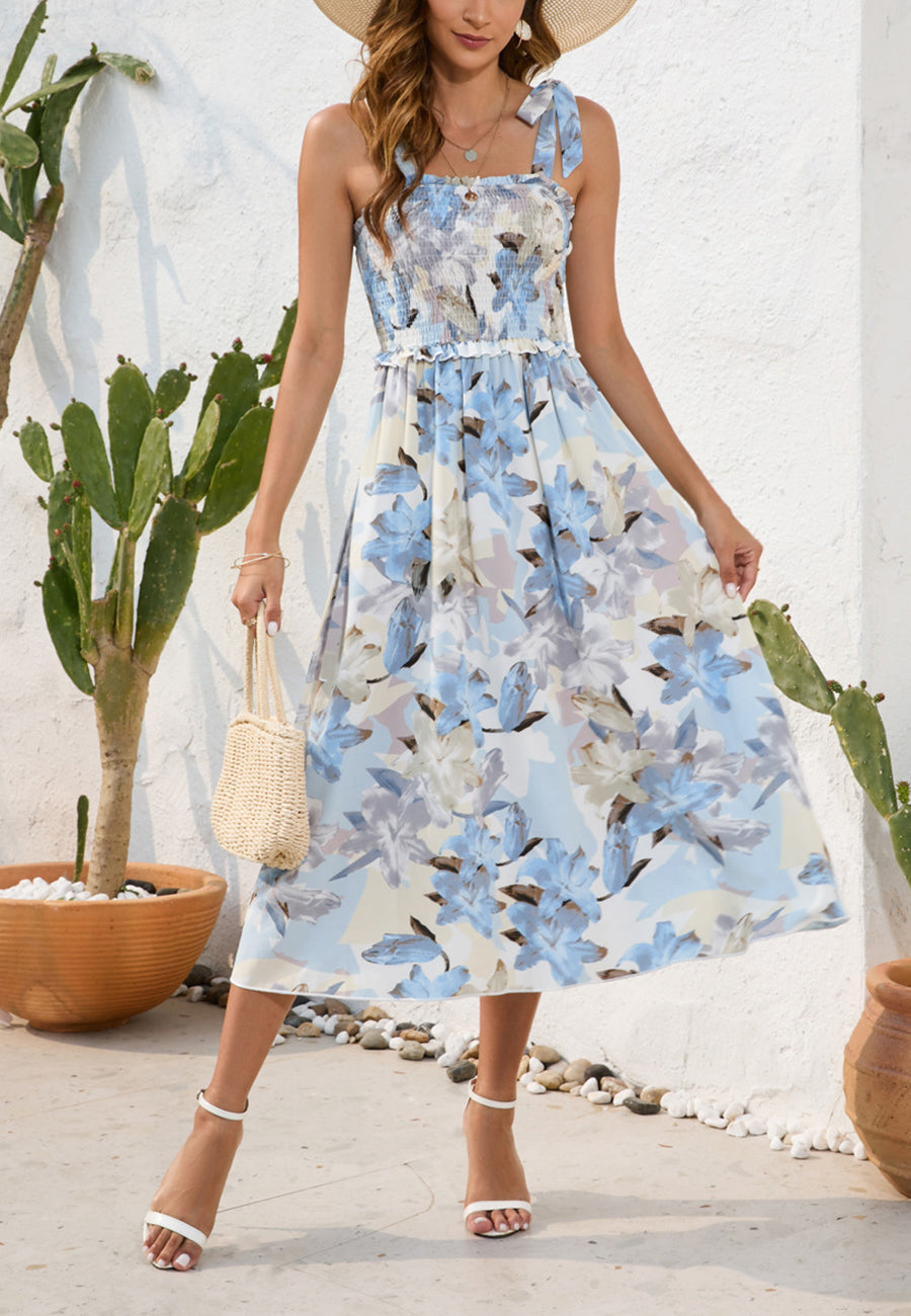 Shirred Tie-Shoulder Midi Dress