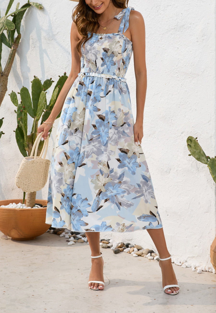 Shirred Tie-Shoulder Midi Dress