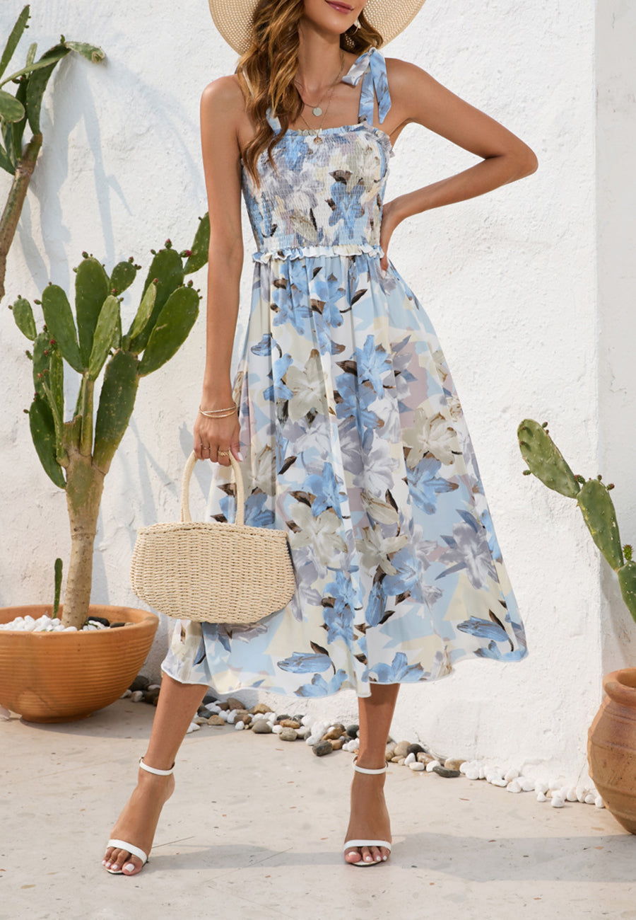 Shirred Tie-Shoulder Midi Dress