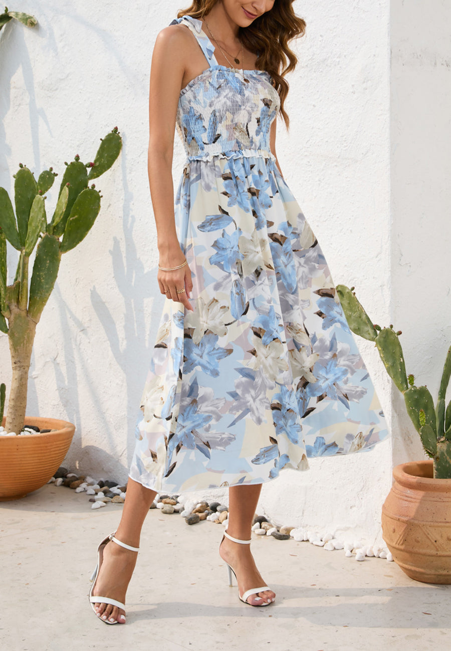 Shirred Tie-Shoulder Midi Dress