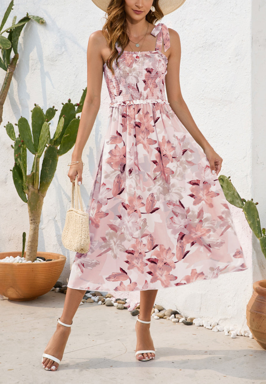 Shirred Tie-Shoulder Midi Dress