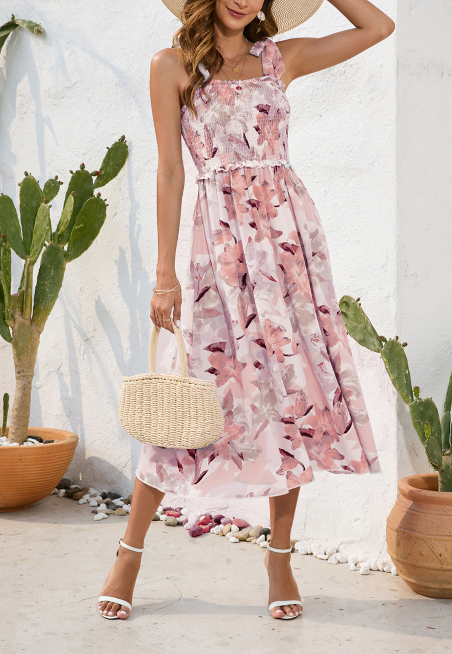 Shirred Tie-Shoulder Midi Dress