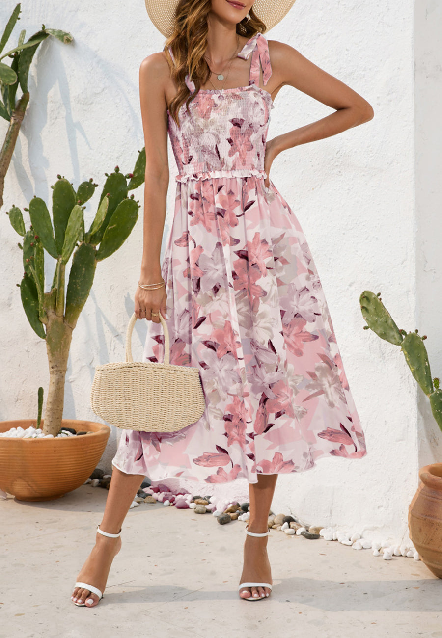 Shirred Tie-Shoulder Midi Dress