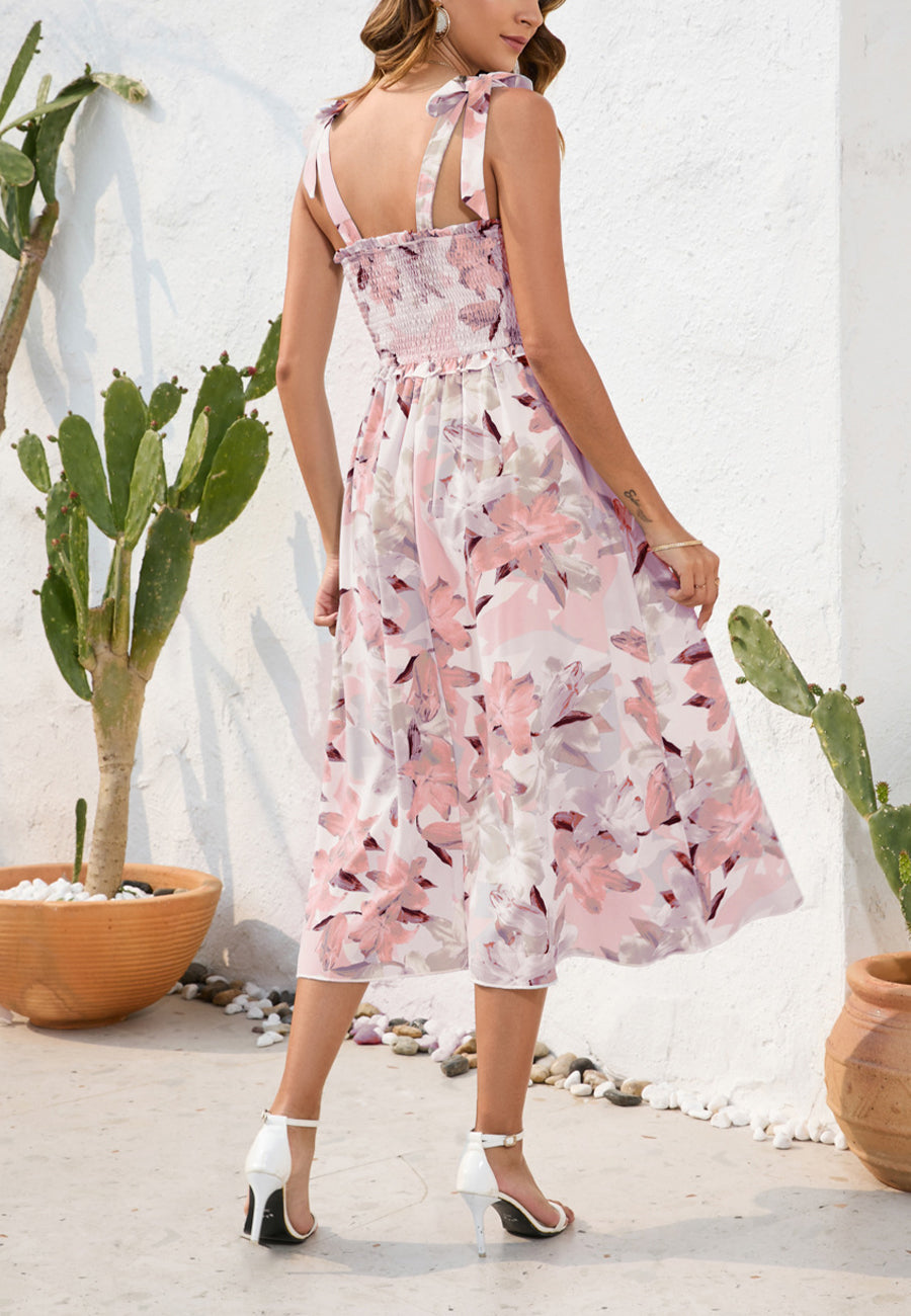 Shirred Tie-Shoulder Midi Dress