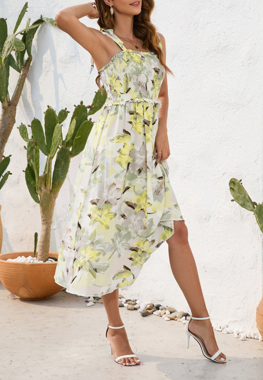 Shirred Tie-Shoulder Midi Dress