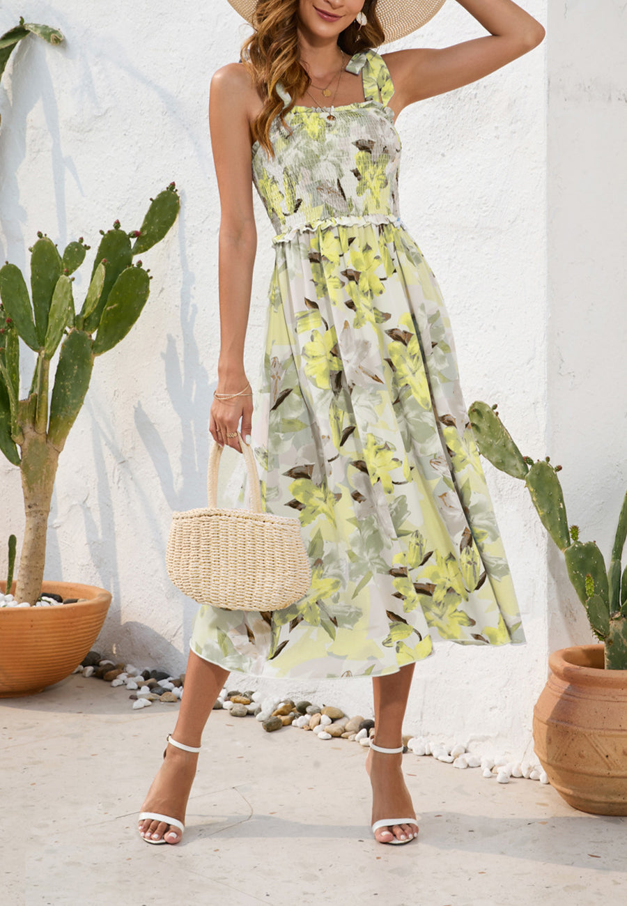 Shirred Tie-Shoulder Midi Dress