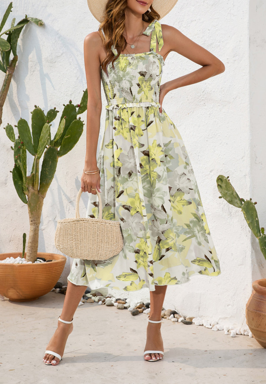 Shirred Tie-Shoulder Midi Dress