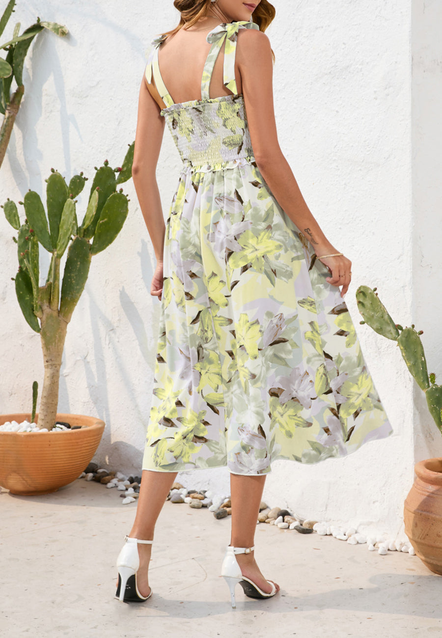 Shirred Tie-Shoulder Midi Dress