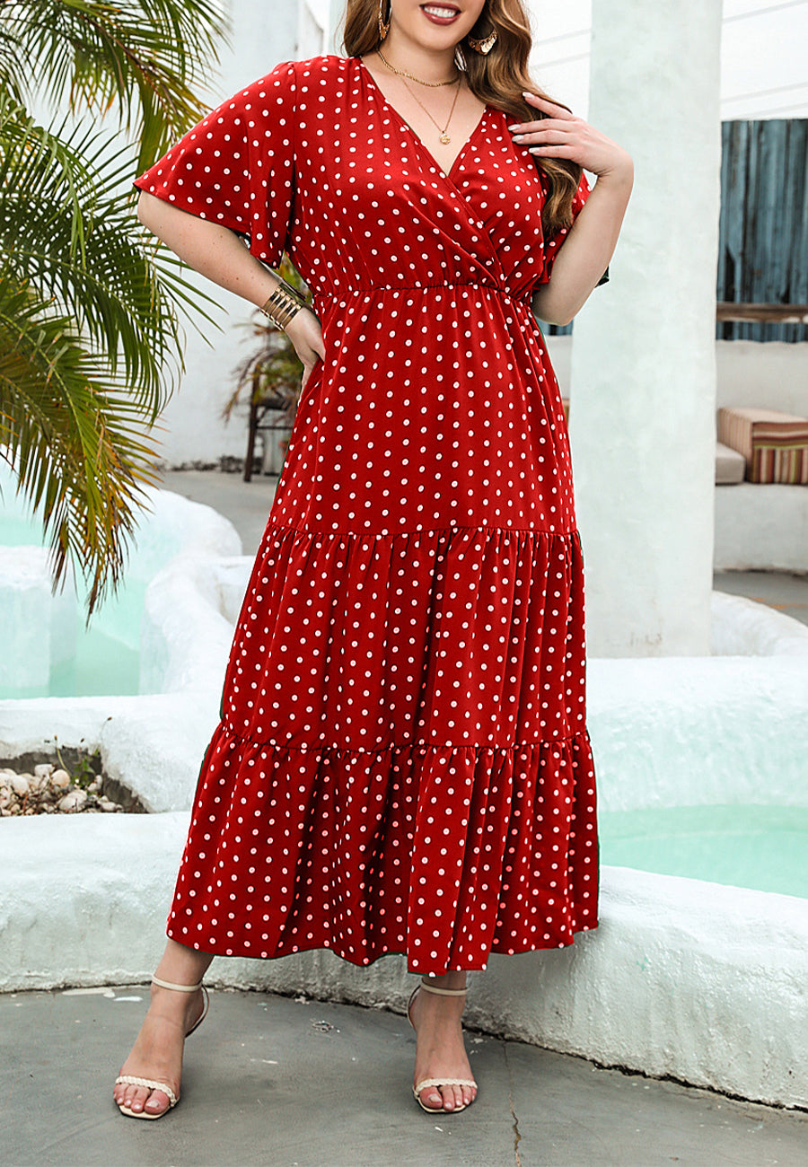 Plus Size Polka Dot Print Tiered Maxi Dress Above Ankle Length