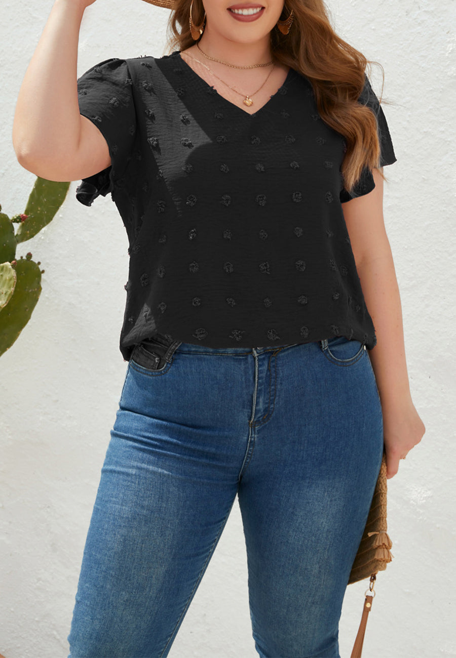 Blusa de lunares suizos con cuello en V y talla grande