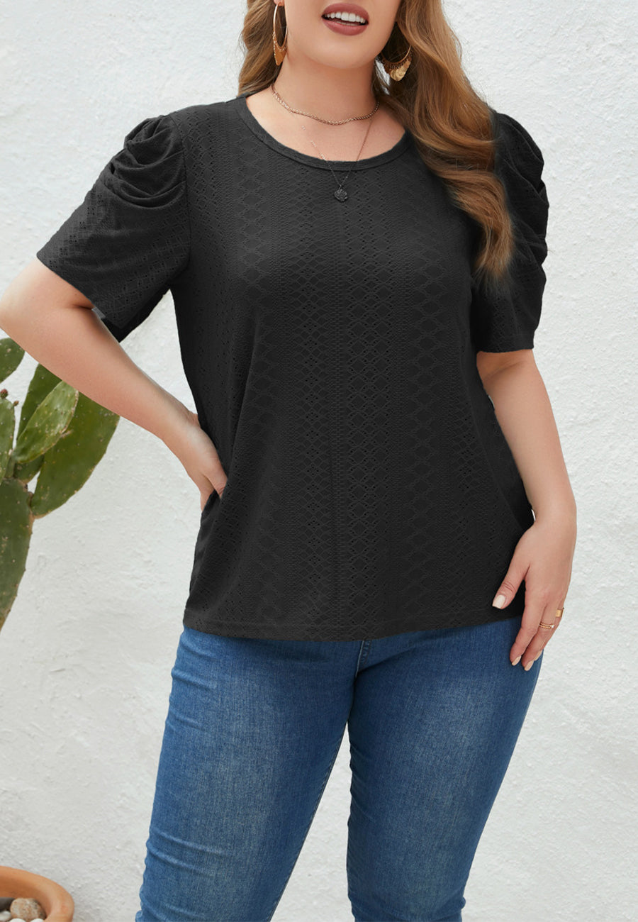 Plus Size Ruched Sleeve Eyelet Shirt