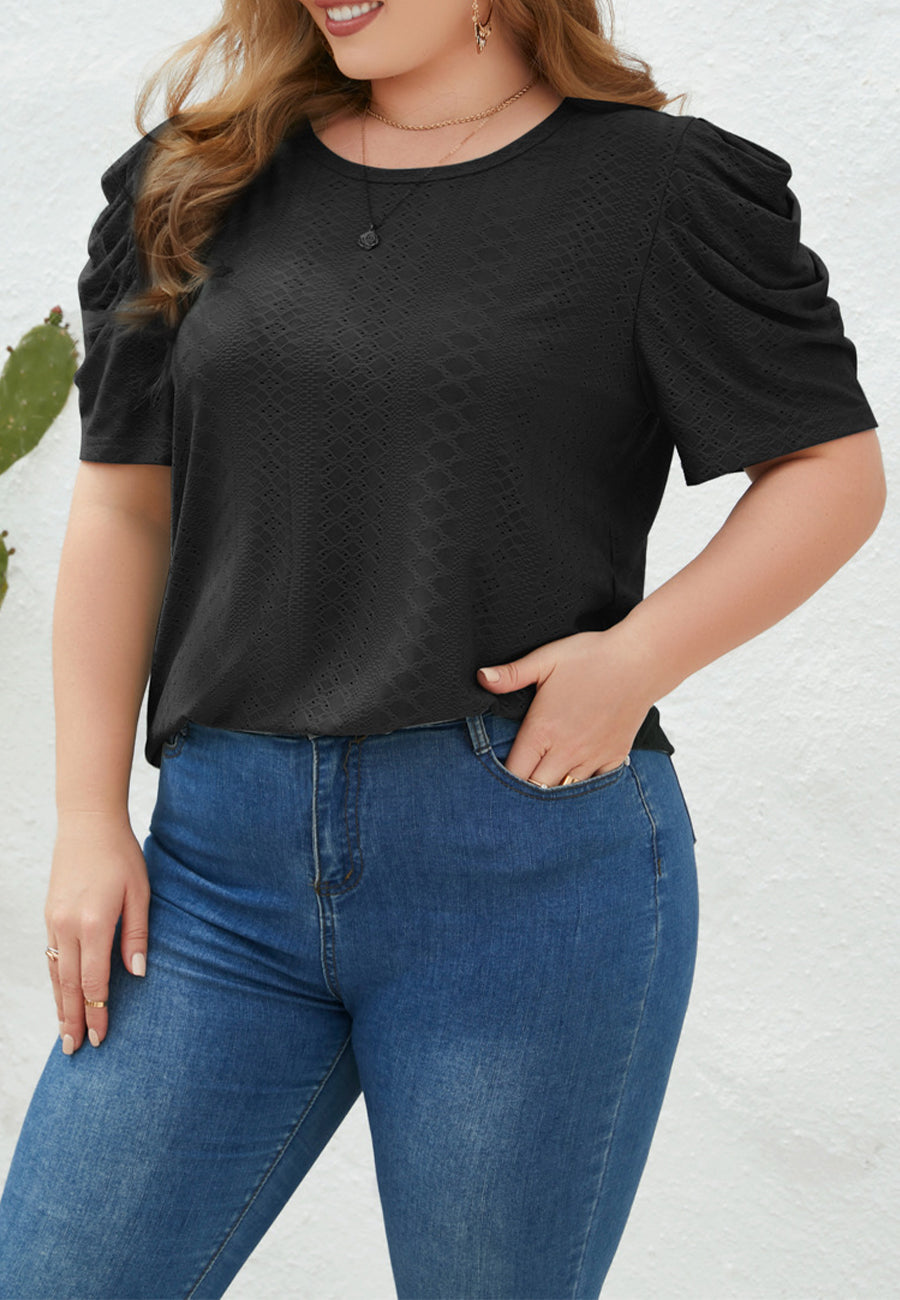 Plus Size Ruched Sleeve Eyelet Shirt