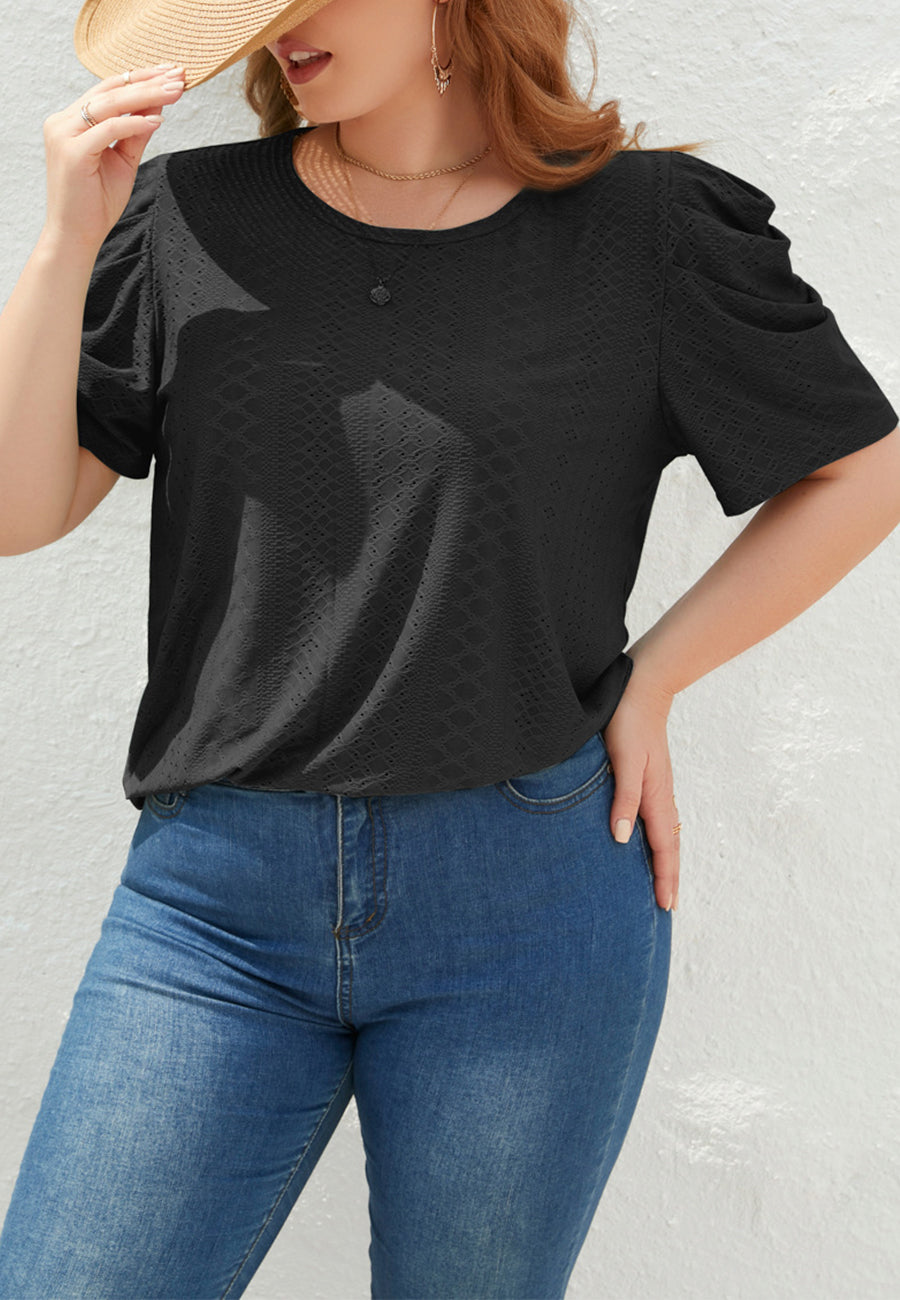 Plus Size Ruched Sleeve Eyelet Shirt