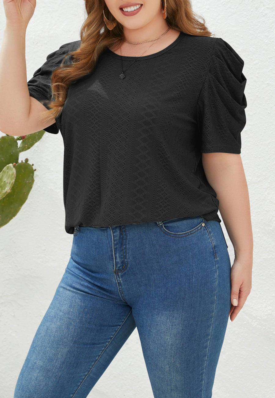 Plus Size Ruched Sleeve Eyelet Shirt