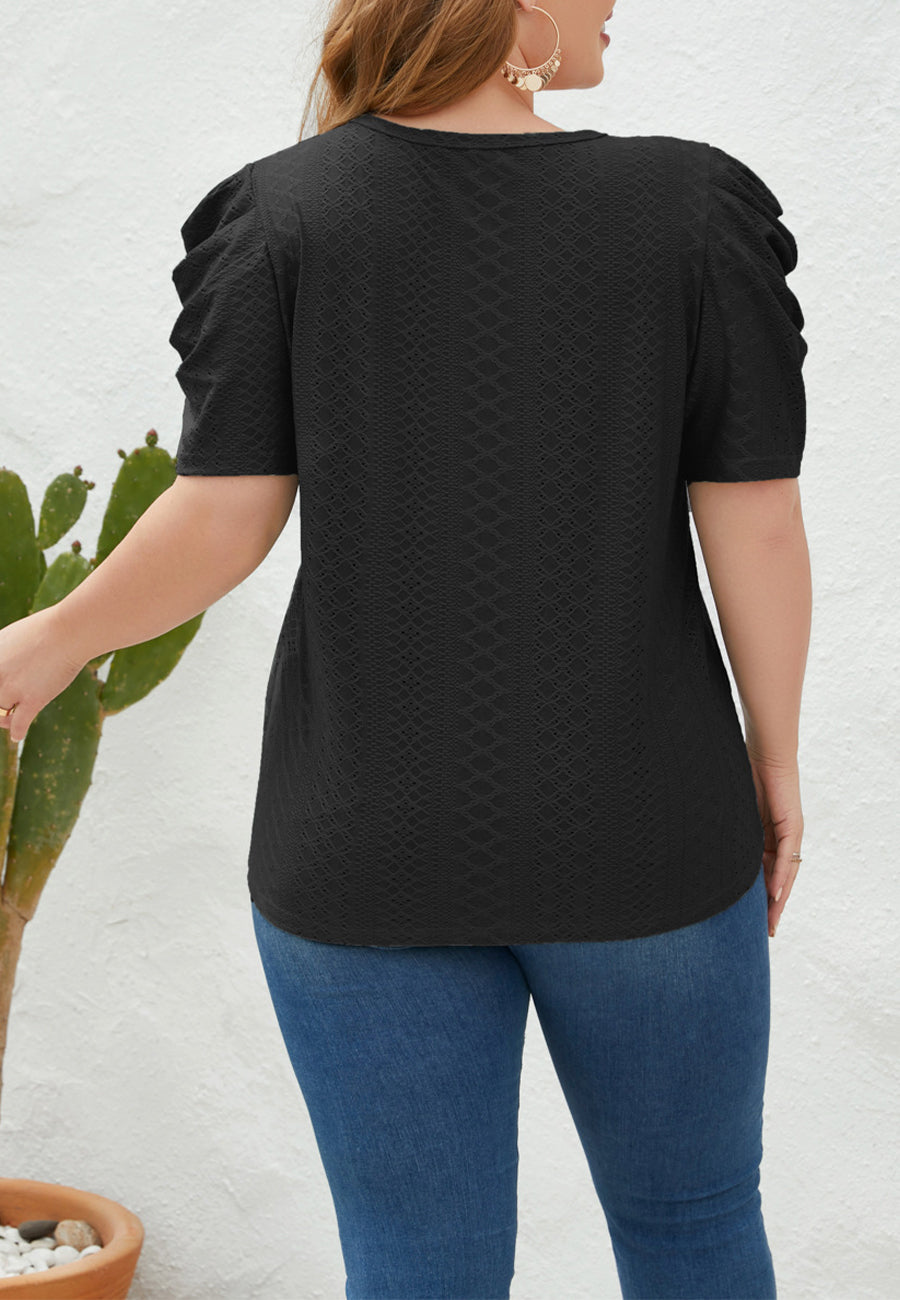 Plus Size Ruched Sleeve Eyelet Shirt