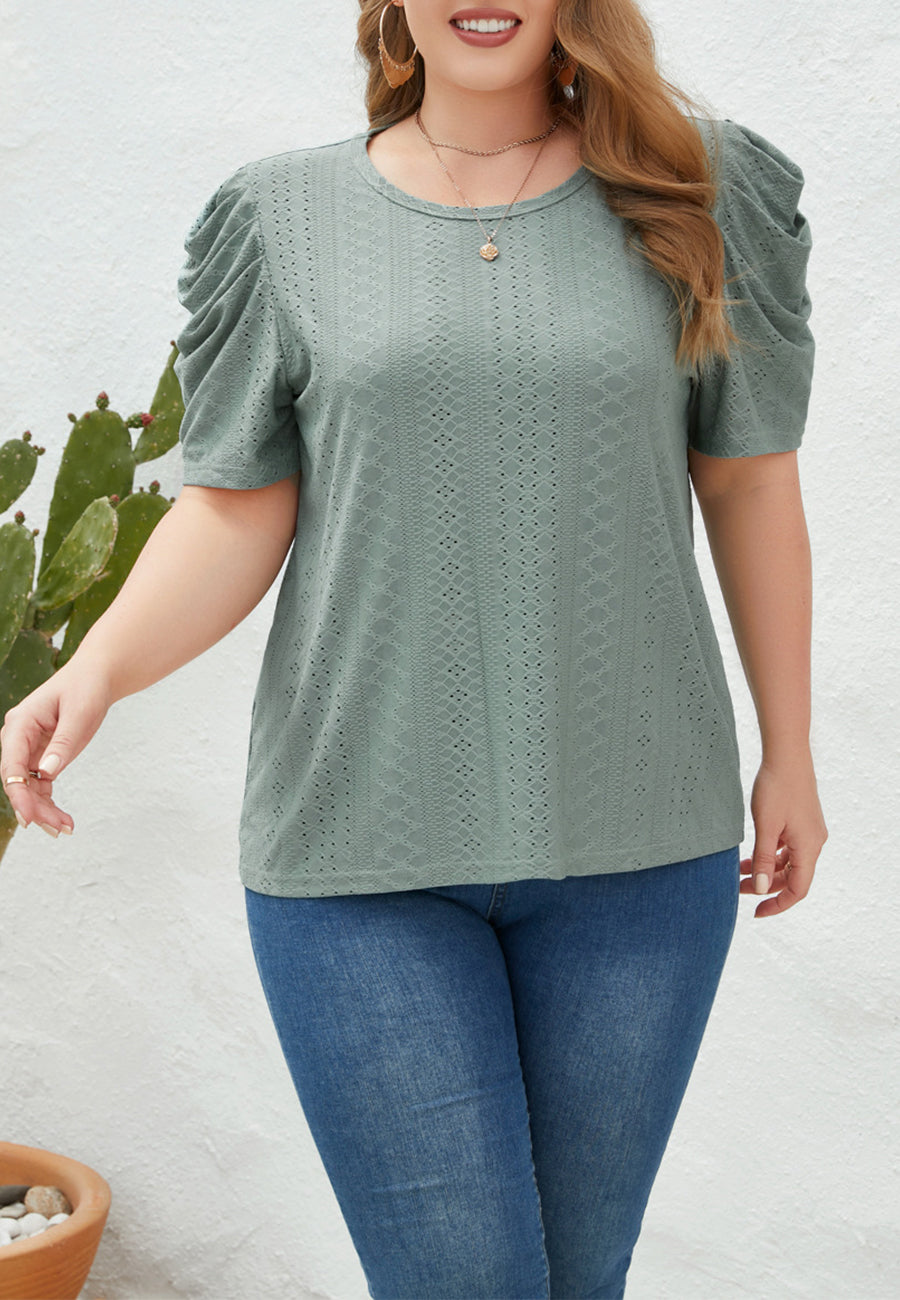 Plus Size Ruched Sleeve Eyelet Shirt
