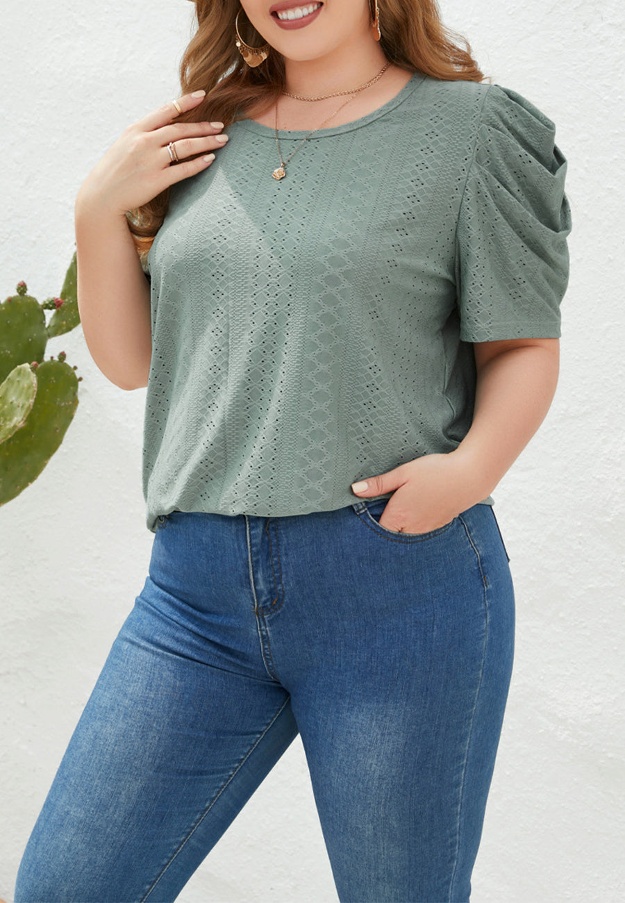Plus Size Ruched Sleeve Eyelet Shirt