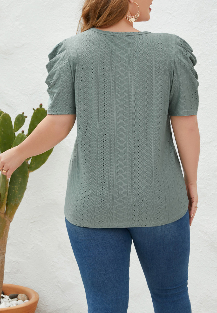Plus Size Ruched Sleeve Eyelet Shirt