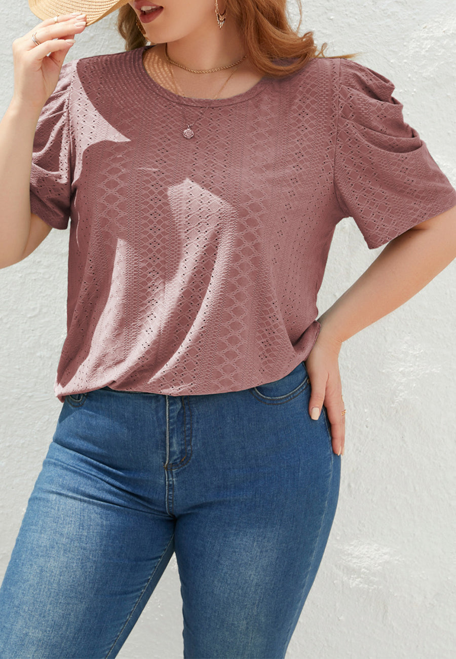 Plus Size Ruched Sleeve Eyelet Shirt