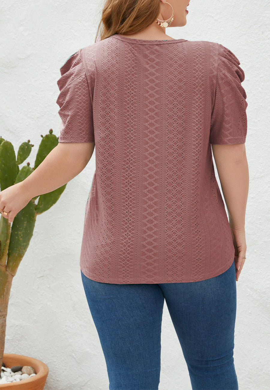Plus Size Ruched Sleeve Eyelet Shirt