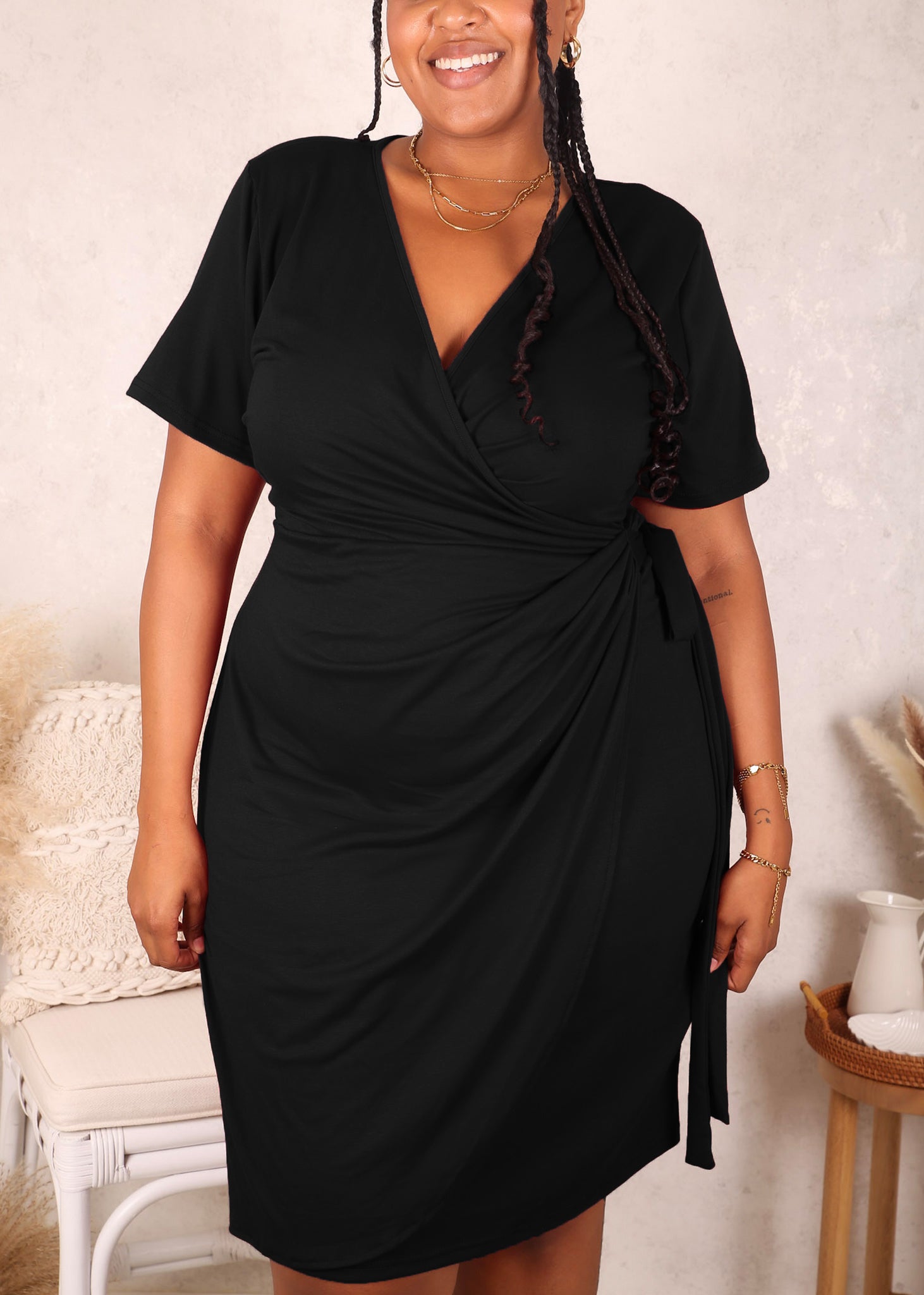 Anna-Kaci Women's Plus Size Short Sleeve V-Neck Faux Wrap Dress with Side Tie and Draped Skirt