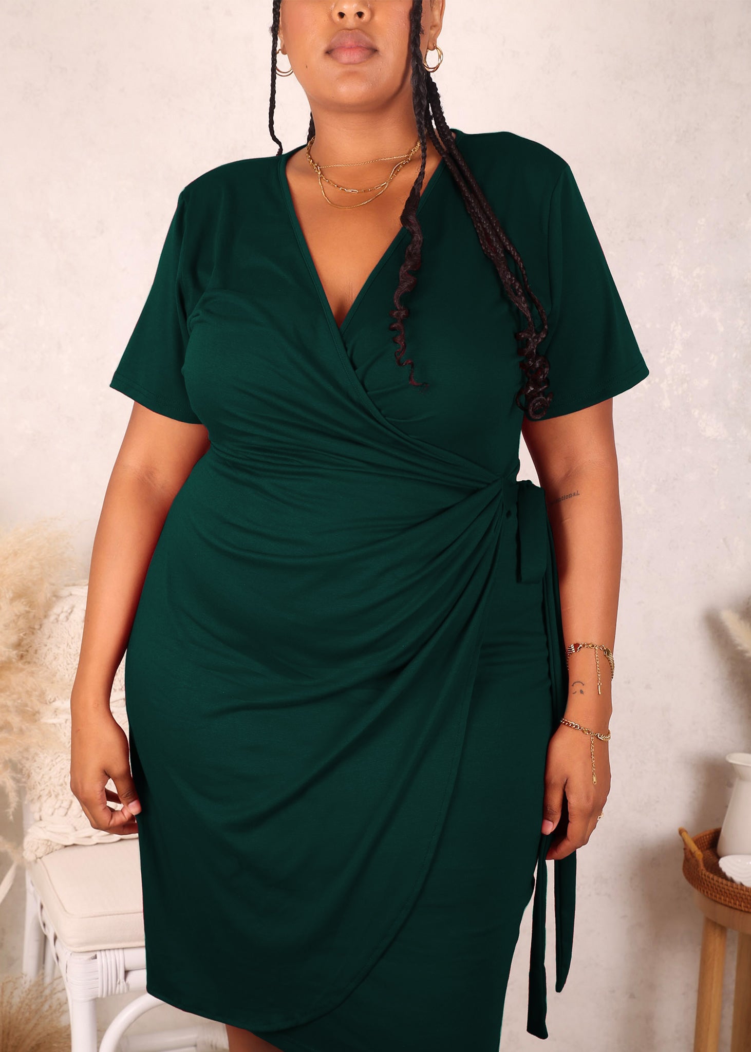 Plus Size Solid Color Ruched Wrap Dress for Women Knee Length Anna-Kaci Plus Size Solid Color Ruched Wrap Dress for Women Knee Length Anna-Kaci