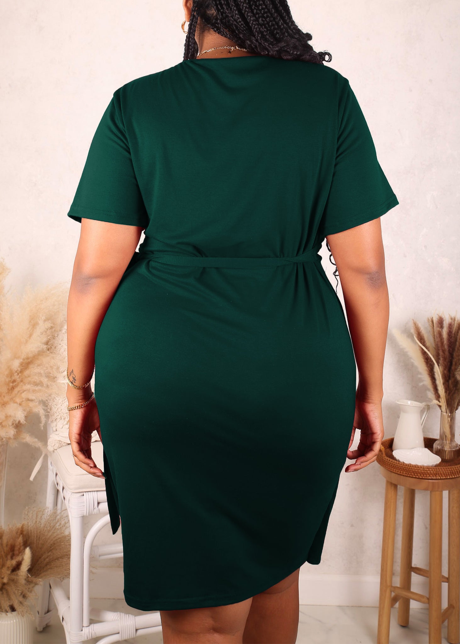 Plus Size Solid Color Ruched Wrap Dress for Women Knee Length  Anna-Kaci