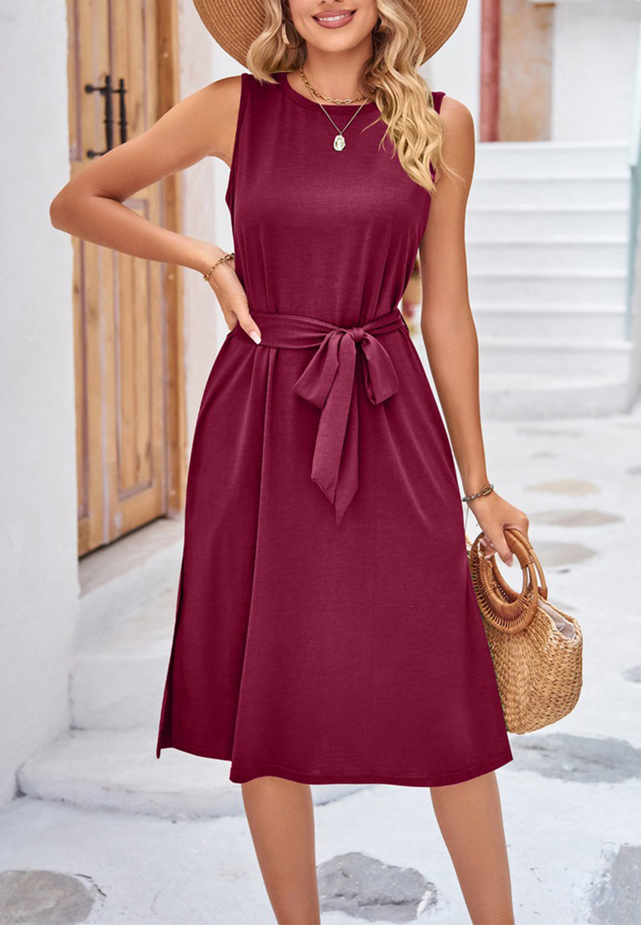 burgundy tie waist dress Solid Color Classic Tie-Waist Summer Dress for Women Knee Length – Anna-Kaci