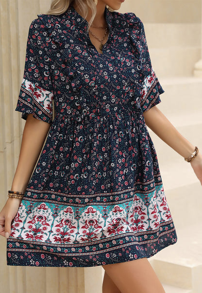 Vestido bohemio con estampado floral y volantes en la parte delantera