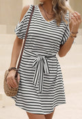 Striped Print Cold Shoulder Dress