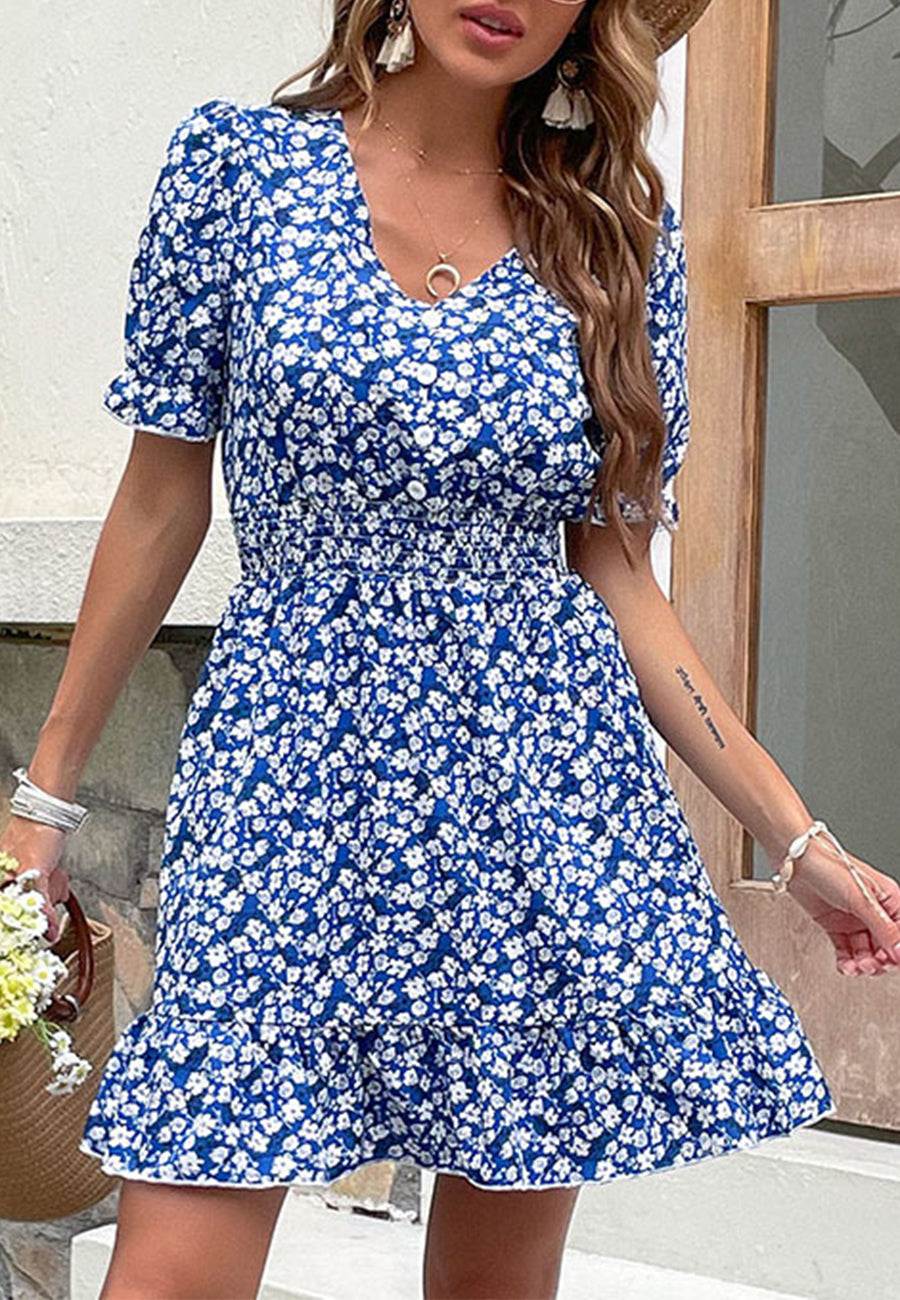Shirred Waist Floral V Neck Dress