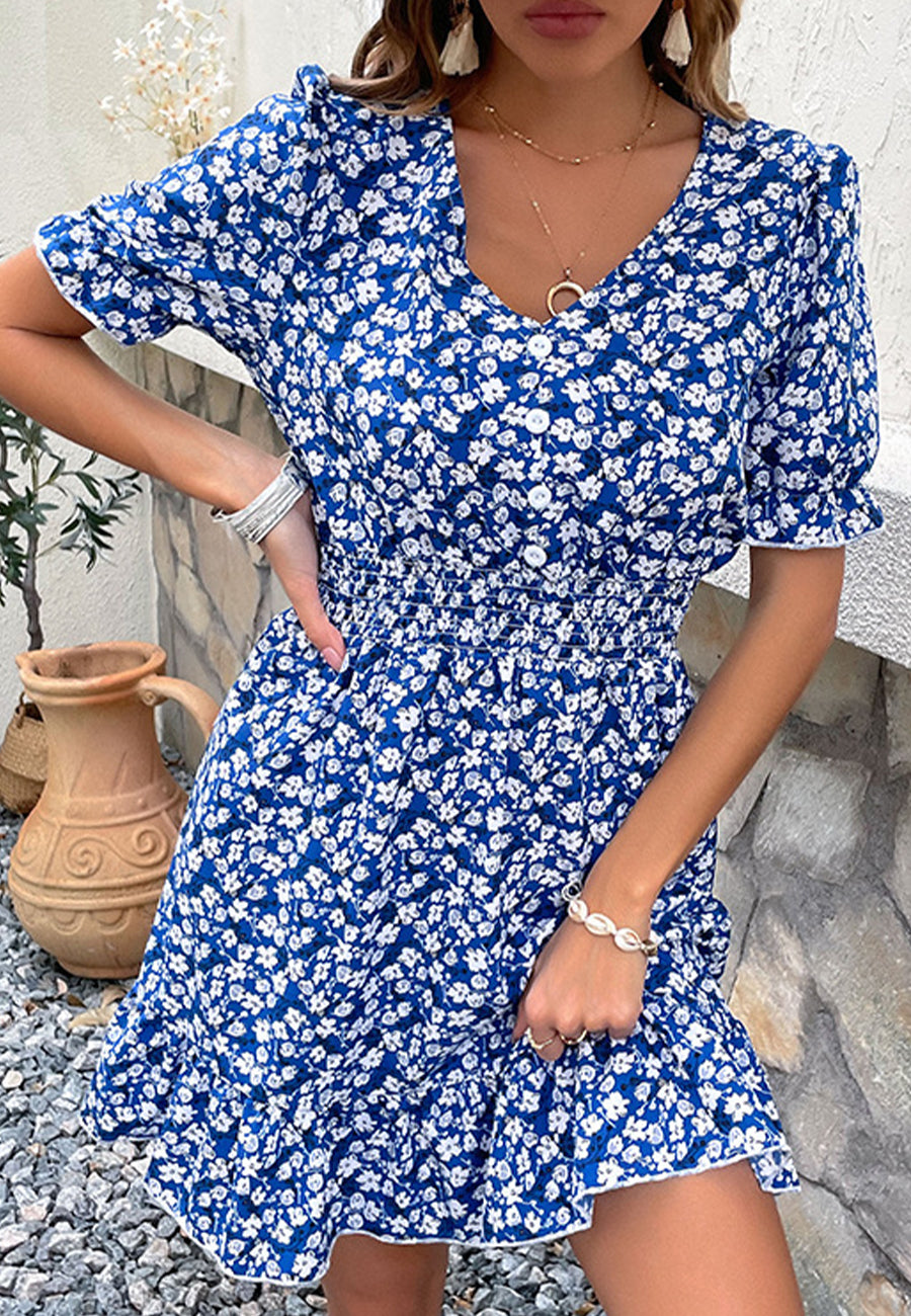 Shirred Waist Floral V Neck Dress