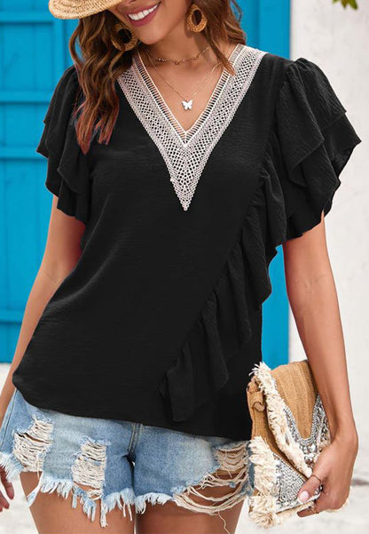 V Neck Ruffle Detail Blouse