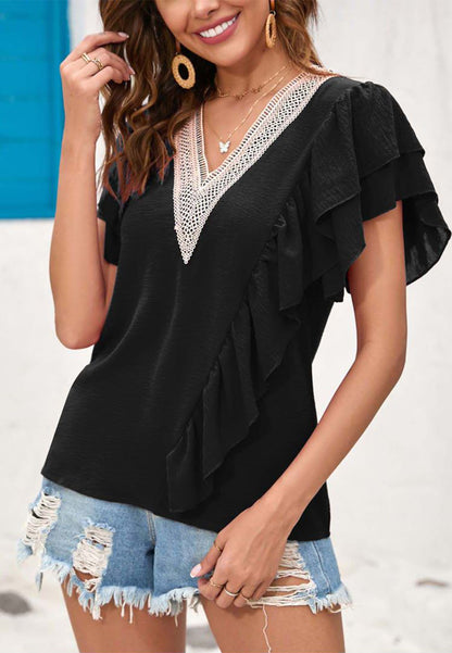 V Neck Ruffle Detail Blouse