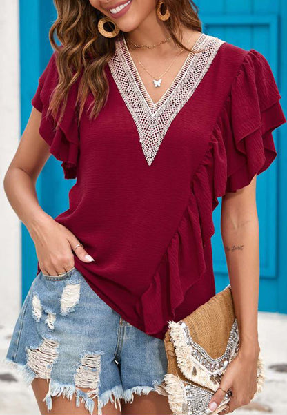 V Neck Ruffle Detail Blouse