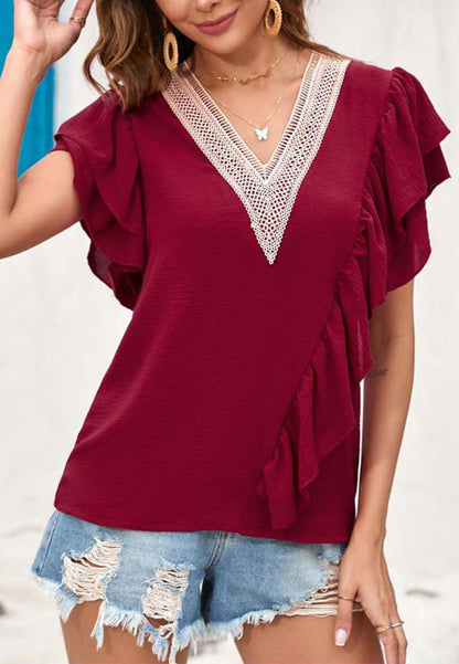 V Neck Ruffle Detail Blouse