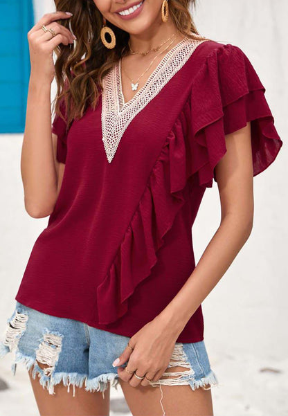 V Neck Ruffle Detail Blouse