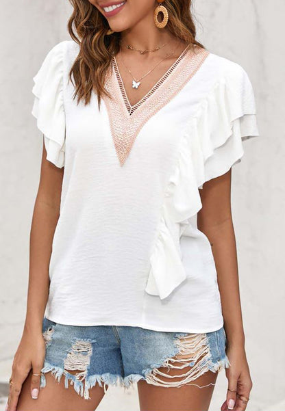 V Neck Ruffle Detail Blouse