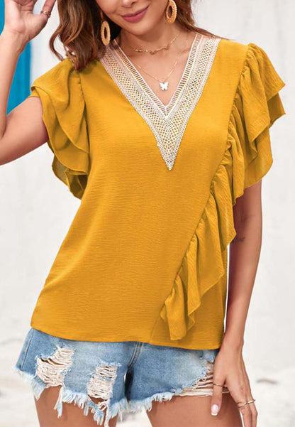 V Neck Ruffle Detail Blouse