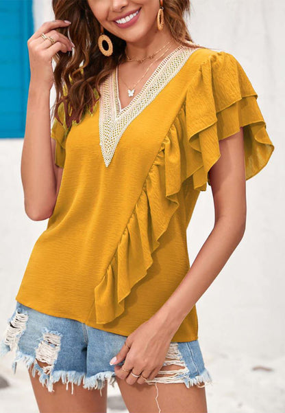 V Neck Ruffle Detail Blouse