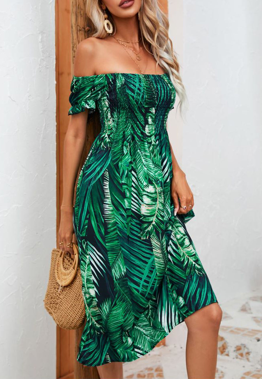 Vestido de verano estampado con hombros descubiertos