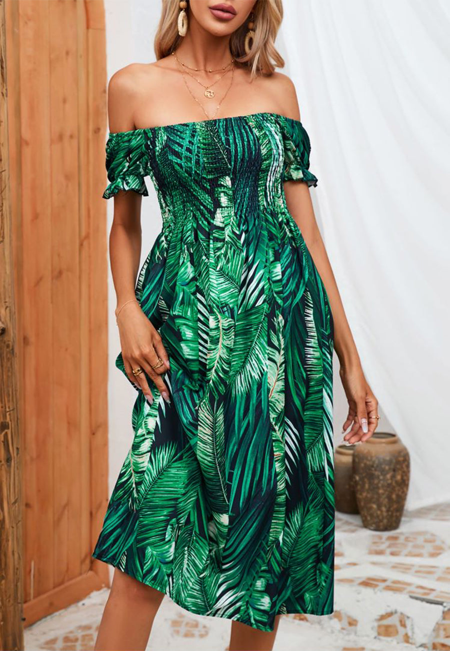 Vestido de verano estampado con hombros descubiertos