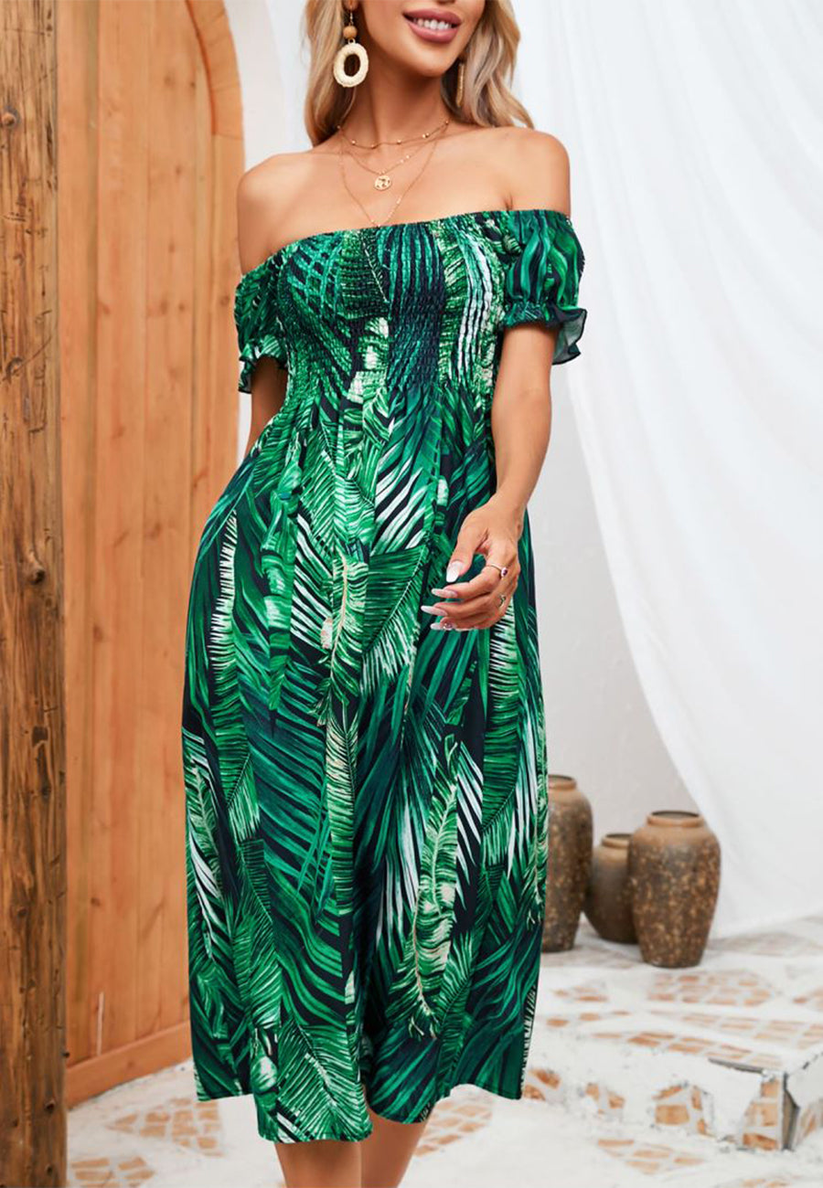 Vestido de verano estampado con hombros descubiertos