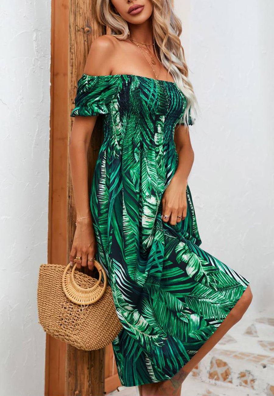 Vestido de verano estampado con hombros descubiertos