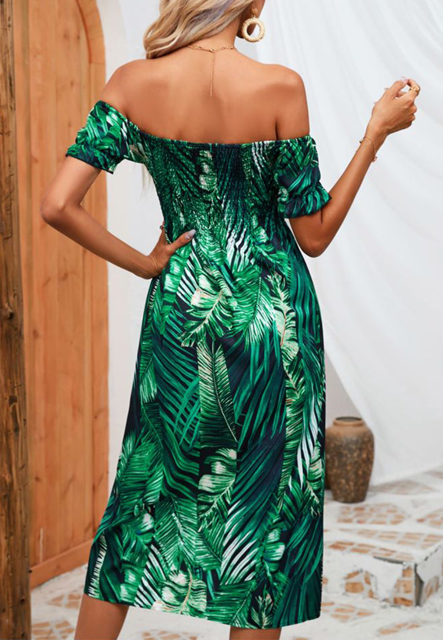 Vestido de verano estampado con hombros descubiertos