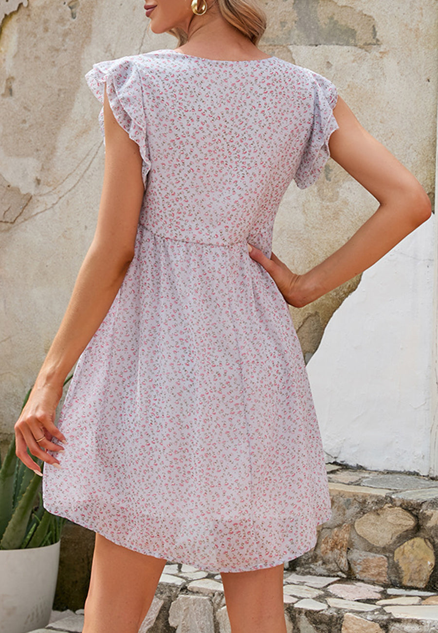 Vestido floral con vuelo, mangas con volantes en capas