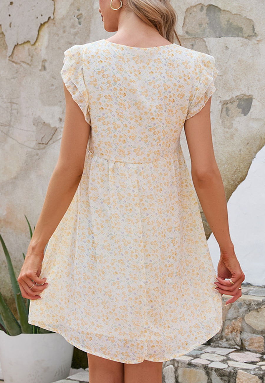 Vestido floral con vuelo, mangas con volantes en capas