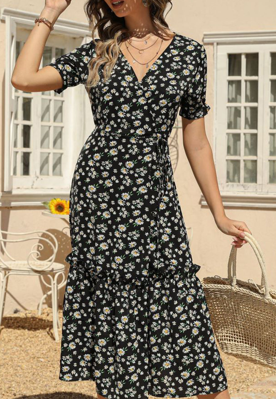 V Neck Neck Daisy Print Midi Dress