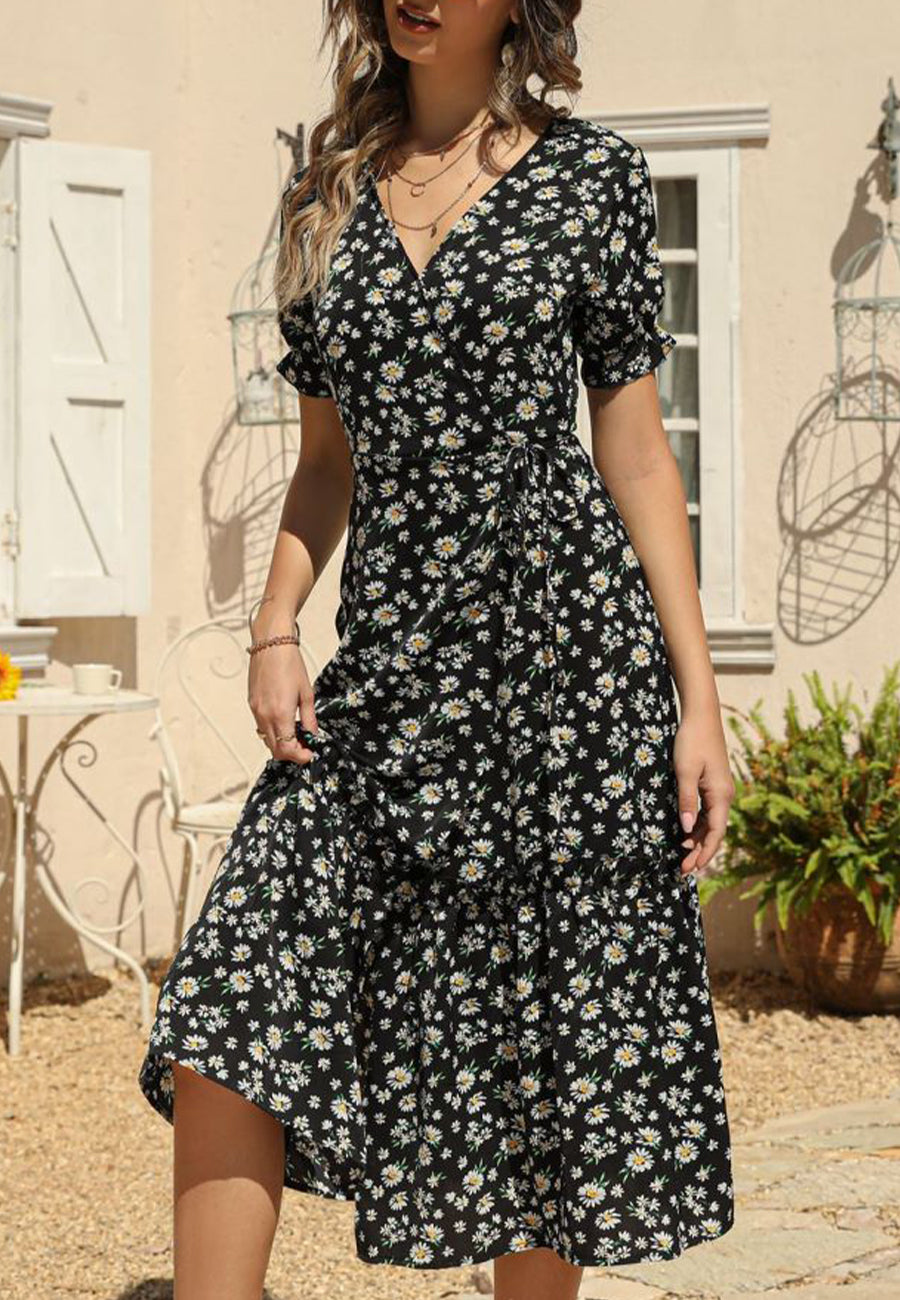 V Neck Neck Daisy Print Midi Dress