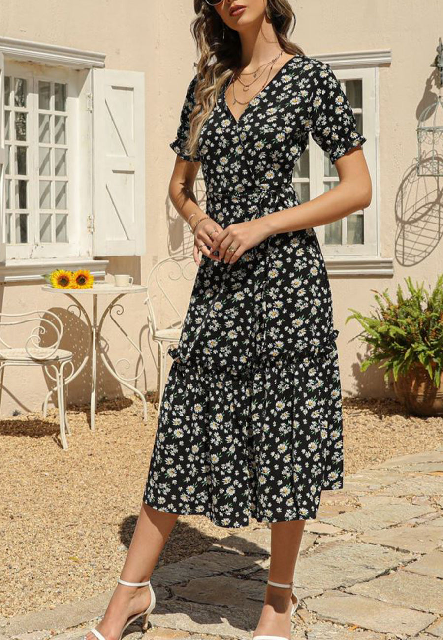 V Neck Neck Daisy Print Midi Dress